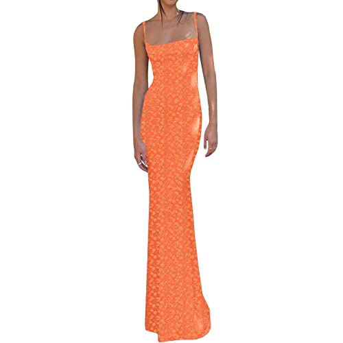 KMBANGI Women Cutout Backless Maxi Dress Sexy Sleeveless Floral Cocktail Dresses Bodycon Spaghetti Strap Long Dress Party(Orange,S) - Image 1