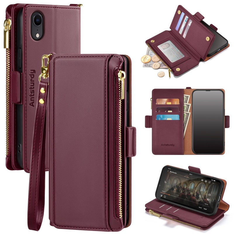 Antsturdy Compatible with iPhone XR Wallet Case,RFID Blocking PU Leather Phone Case Women Men Flip Shockproof Protective Cover with Wrist Strap Zipper Pocket Credit Card Holder Slots,Wine Red - Image 1
