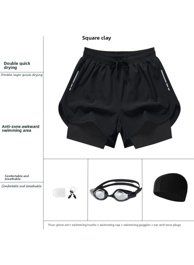 Generic - Swimming Trunks Men's Sports Double-layer Anti-embarrassment Quick-drying Breathable Five-point Loose Shorts Beach Pants Three-point Running Pants-Color:Emerald Green 2-piece Set (swimming Trunks Swimming Cap) 1001- - Image 1