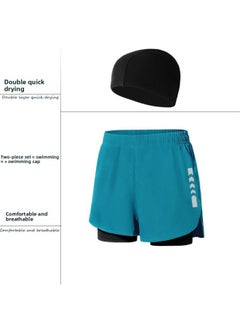 Swimming Trunks Men's Sports Double-layer Anti-embarrassment Quick-drying Breathable Five-point Loose Shorts Beach Pants Three-point Running Pants-Color:Emerald Green 2-piece Set (swimming Trunks Swimming Cap) 1001-