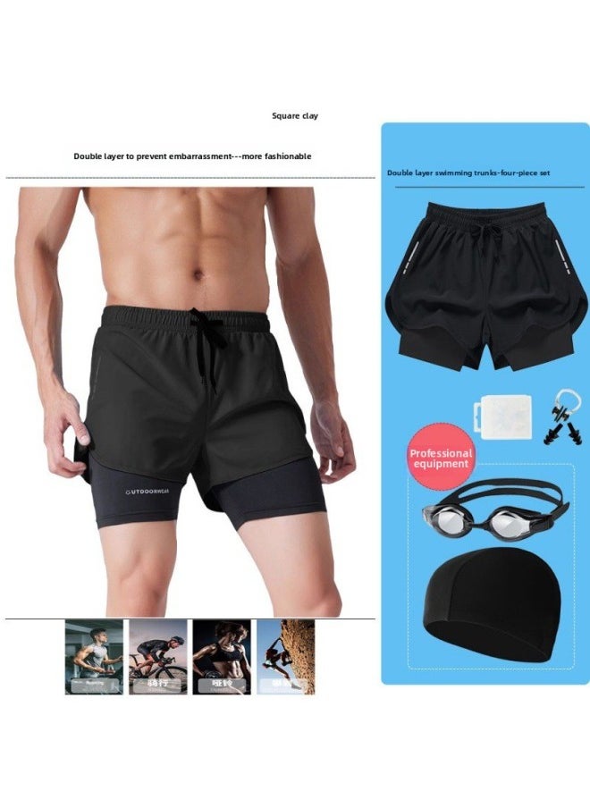 Generic - Swimming Trunks Men's Sports Double-layer Anti-embarrassment Quick-drying Breathable Five-point Loose Shorts Beach Pants Three-point Running Pants-Color:Emerald Green 2-piece Set (swimming Trunks Swimming Cap) 1001- - Image 1