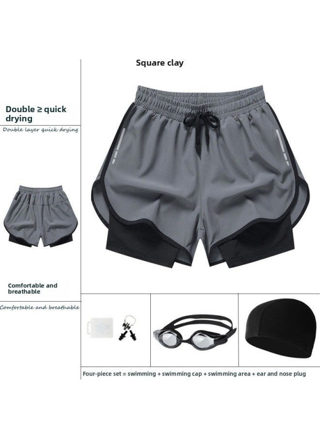 Generic - Swimming Trunks Men's Sports Double-layer Anti-embarrassment Quick-drying Breathable Five-point Loose Shorts Beach Pants Three-point Running Pants-Color:Emerald Green 2-piece Set (swimming Trunks Swimming Cap) 1001- - Image 1
