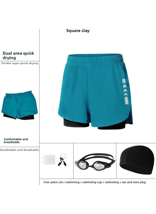 Generic - Swimming Trunks Men's Sports Double-layer Anti-embarrassment Quick-drying Breathable Five-point Loose Shorts Beach Pants Three-point Running Pants-Color:Emerald Green 2-piece Set (swimming Trunks Swimming Cap) 1001- - Image 1