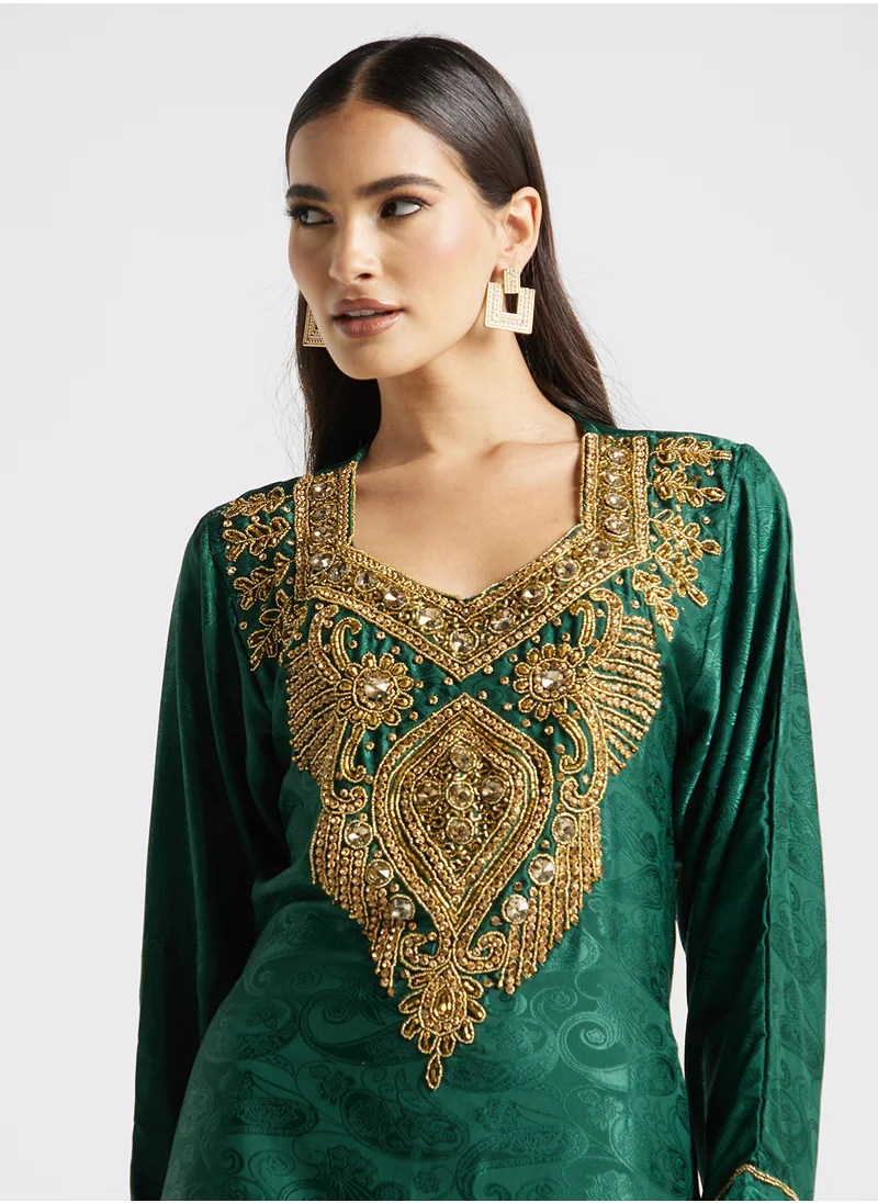 ARABIAN CLOSET Embellished Belted Jalabiya