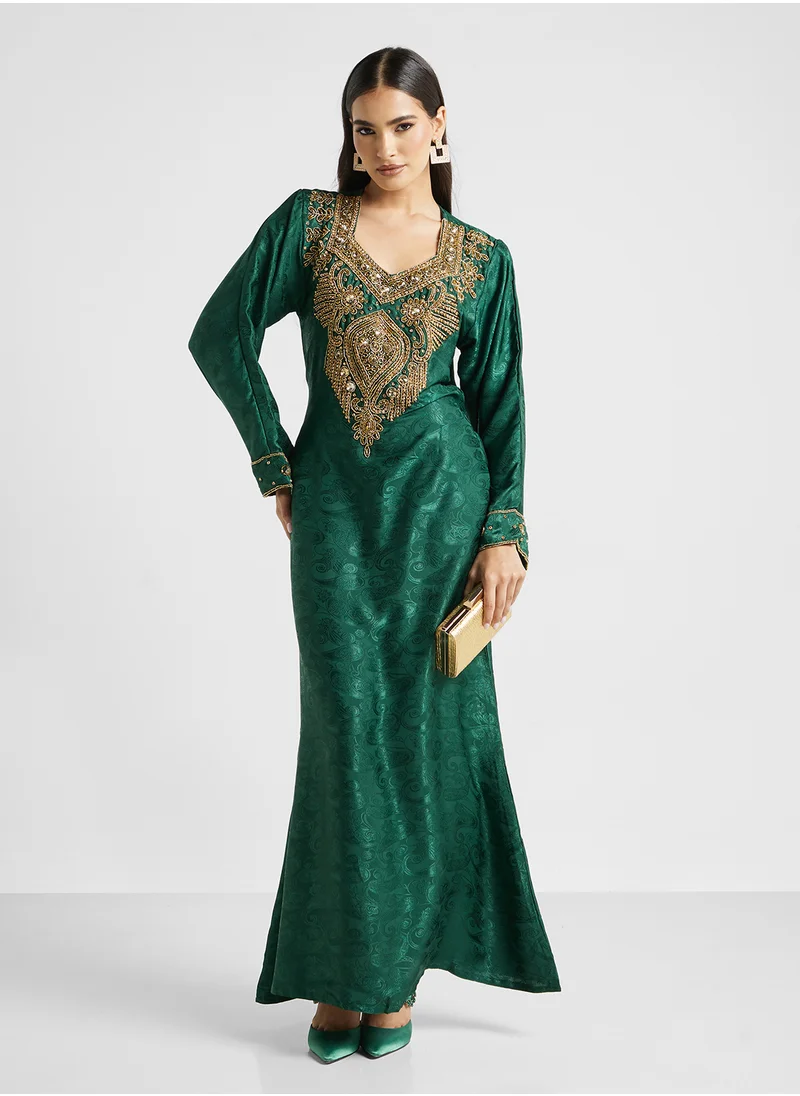 ARABIAN CLOSET Embellished Belted Jalabiya