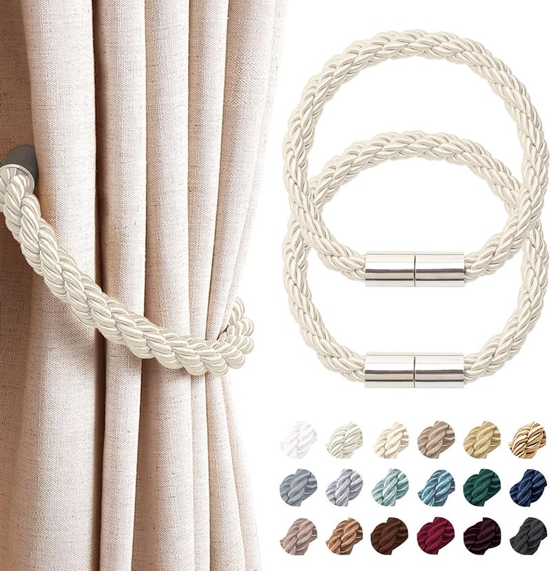 NICEEC 2 Pack Strong Magnetic Curtain Tiebacks Modern Simple Style Drape Tie Backs Convenient Decorative Weave Rope Curtain Holdbacks for Thin or Thick Home & Office Window Draperies (Beige) - Image 1