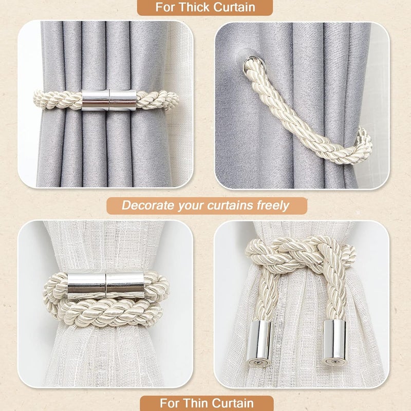 NICEEC 2 Pack Strong Magnetic Curtain Tiebacks Modern Simple Style Drape Tie Backs Convenient Decorative Weave Rope Curtain Holdbacks for Thin or Thick Home & Office Window Draperies (Beige) - Image 5
