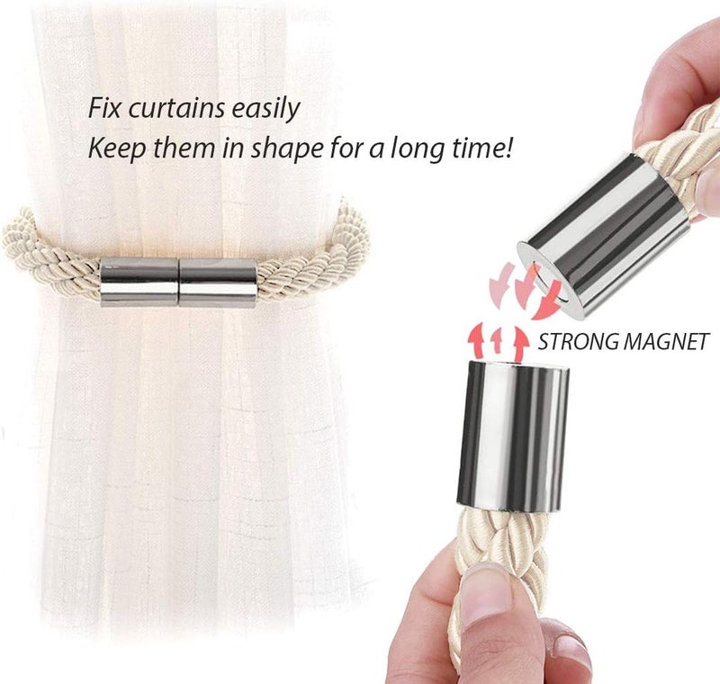NICEEC 2 Pack Strong Magnetic Curtain Tiebacks Modern Simple Style Drape Tie Backs Convenient Decorative Weave Rope Curtain Holdbacks for Thin or Thick Home & Office Window Draperies (Beige) - Image 3