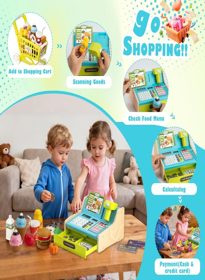 VROGTIK Wooden Cash Register for Kids with Shopping Cart Rechargeable Kid Cash Register with Scanner Gift for Kid Age 3 4 5 6 7 8 9 Year Old Pretend Play for Toddlers Toys for 3-12 Year Old Kids - Image 2