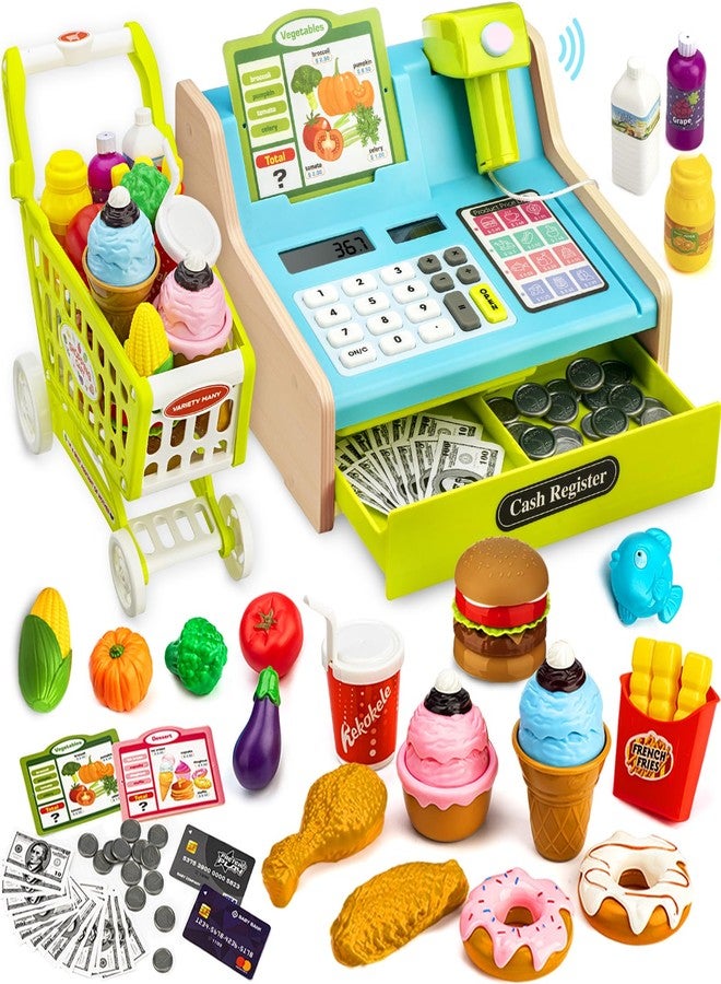 VROGTIK Wooden Cash Register for Kids with Shopping Cart Rechargeable Kid Cash Register with Scanner Gift for Kid Age 3 4 5 6 7 8 9 Year Old Pretend Play for Toddlers Toys for 3-12 Year Old Kids - Image 1