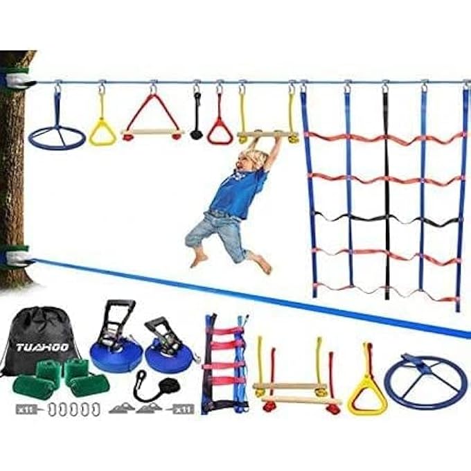 rayihni Ninja Obstacle Course Kit For Kids Outdoor Ninja Warrior Playground Training Equipment'S Backyard Monkey Bar With Most Complete Accessories, Monkey Bars, Rope Ladder, Monkey Fist, Rings - Image 3