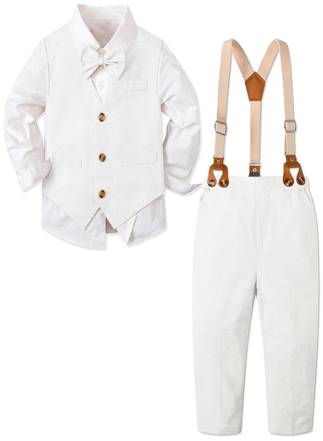 SANGTREE Boys' Gentleman Bowtie Formal Outfit V Neck Vest Wedding Party Suit, Linen White, 18-24 Months = Tag 90 - Image 1