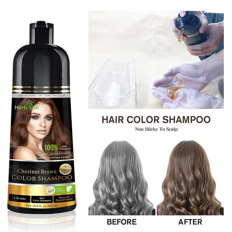 Herbishh Hair Color Shampoo for Gray Hair Magic Hair Dye Shampoo Colors Hair in Minutes Long Lasting 500 Ml 3 In 1 Hair Color Ammonia Free Chestnut Brown - Image 2