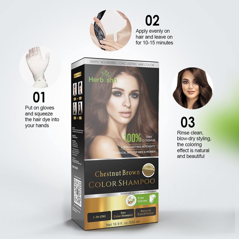 Herbishh Hair Color Shampoo for Gray Hair Magic Hair Dye Shampoo Colors Hair in Minutes Long Lasting 500 Ml 3 In 1 Hair Color Ammonia Free Chestnut Brown - Image 4