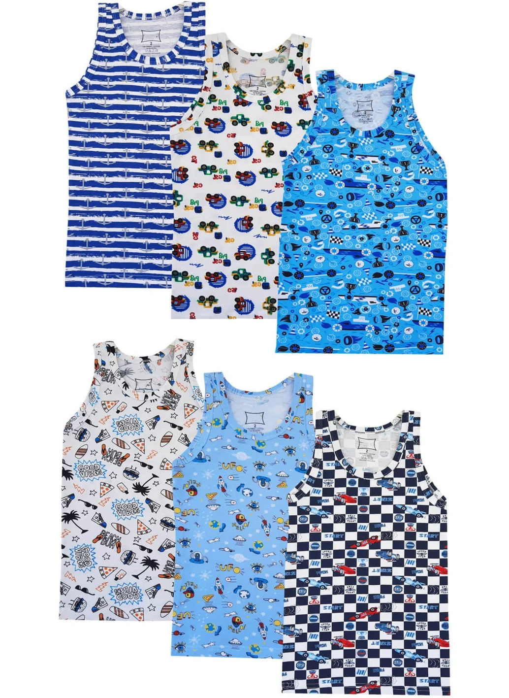 Hepsine Rakip Rival of All 6-Piece Boy's Colorful Undershirt Cotton Strap Printed Elastane