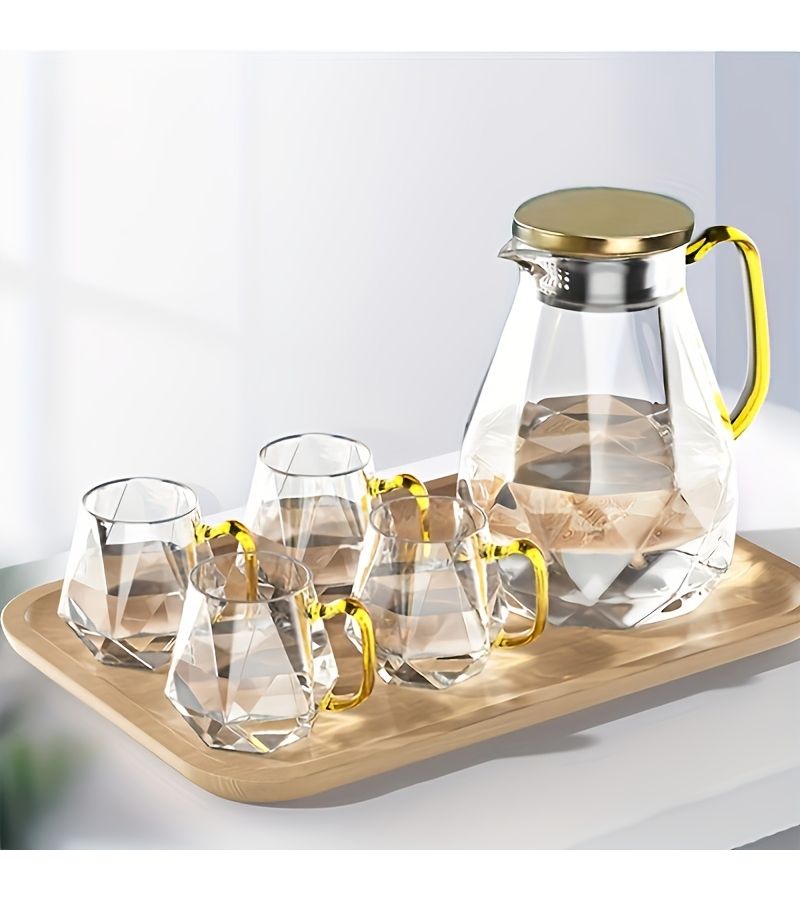 A Set Includes 60.87 Oz Cold Water Bottle And Four 11.83 Oz Cups Gray Glass Teapot With Diamond Kettle Large Capacity High Temperature Resistant Heat Resistant Coffee Pot Juice Container Household Tea Maker - Image 1