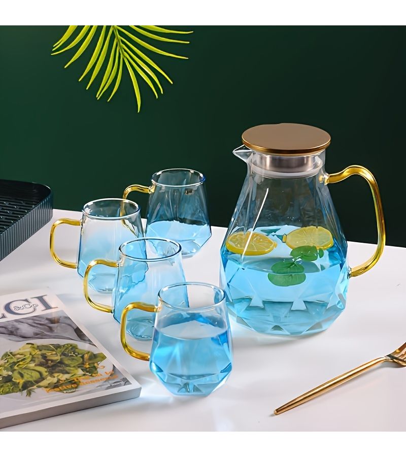 A Set Includes 60.87 Oz Cold Water Bottle And Four 11.83 Oz Cups Gray Glass Teapot With Diamond Kettle Large Capacity High Temperature Resistant Heat Resistant Coffee Pot Juice Container Household Tea Maker - Image 5