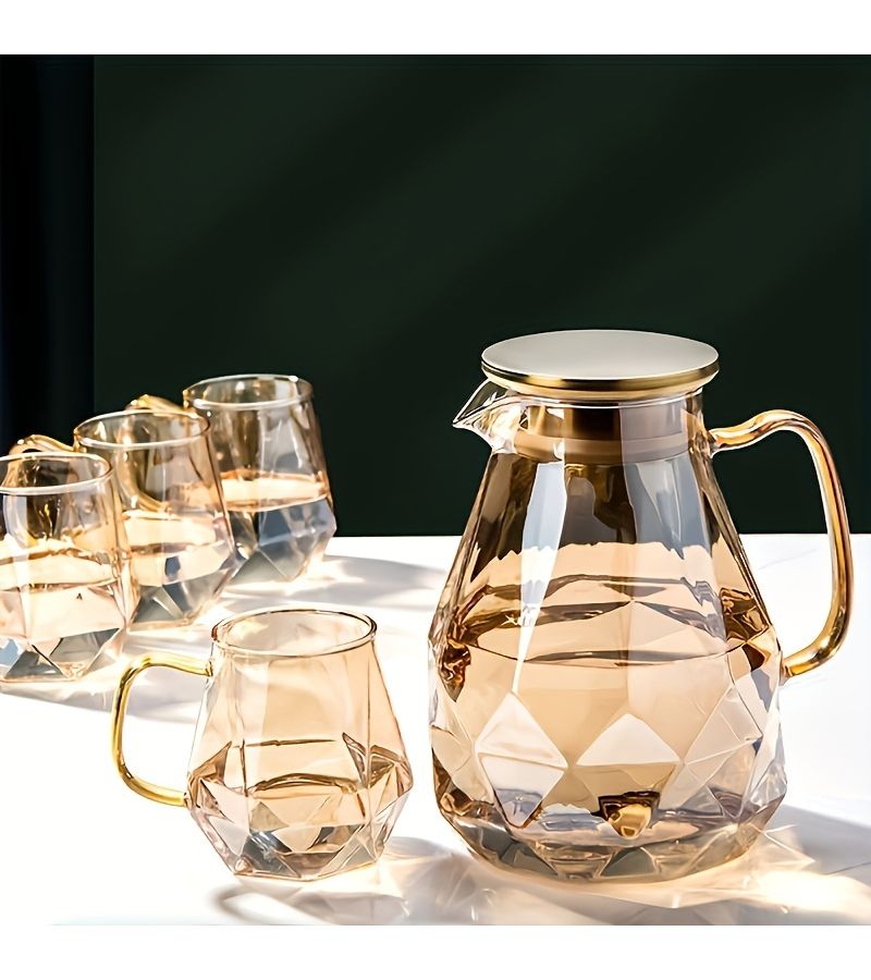 A Set Includes 60.87 Oz Cold Water Bottle And Four 11.83 Oz Cups Gray Glass Teapot With Diamond Kettle Large Capacity High Temperature Resistant Heat Resistant Coffee Pot Juice Container Household Tea Maker - Image 2