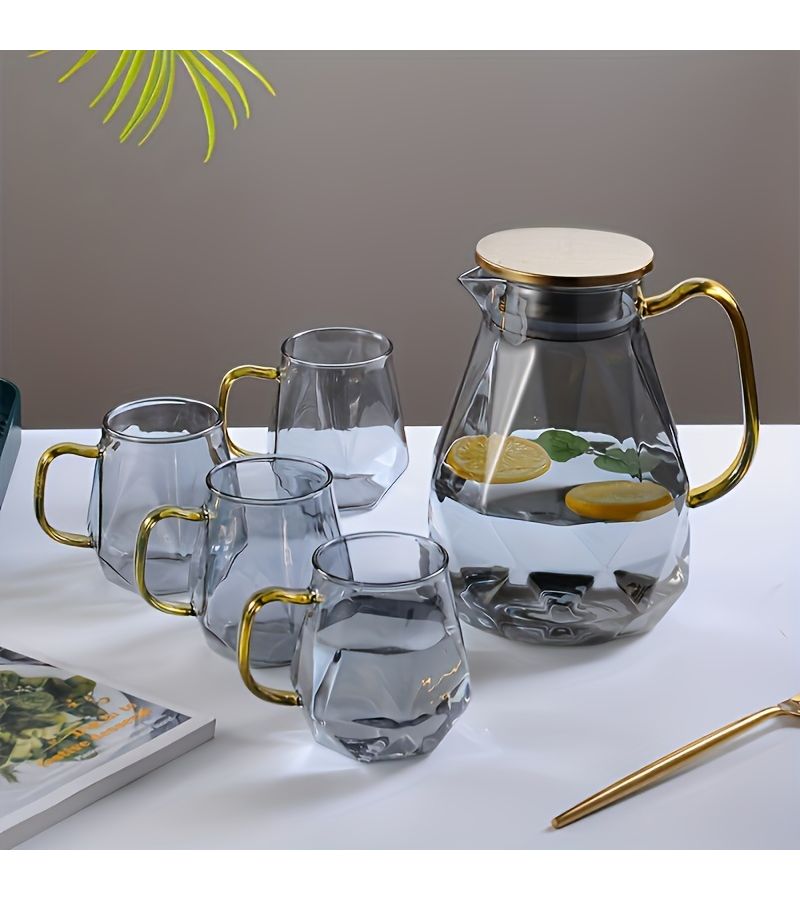 A Set Includes 60.87 Oz Cold Water Bottle And Four 11.83 Oz Cups Gray Glass Teapot With Diamond Kettle Large Capacity High Temperature Resistant Heat Resistant Coffee Pot Juice Container Household Tea Maker - Image 4