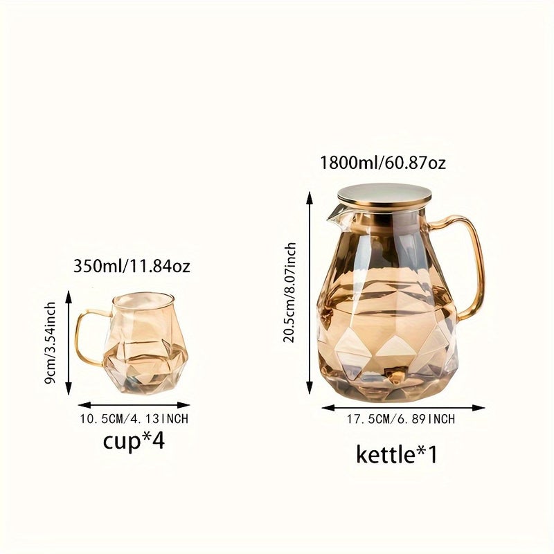 A Set Includes 60.87 Oz Cold Water Bottle And Four 11.83 Oz Cups Gray Glass Teapot With Diamond Kettle Large Capacity High Temperature Resistant Heat Resistant Coffee Pot Juice Container Household Tea Maker - Image 3