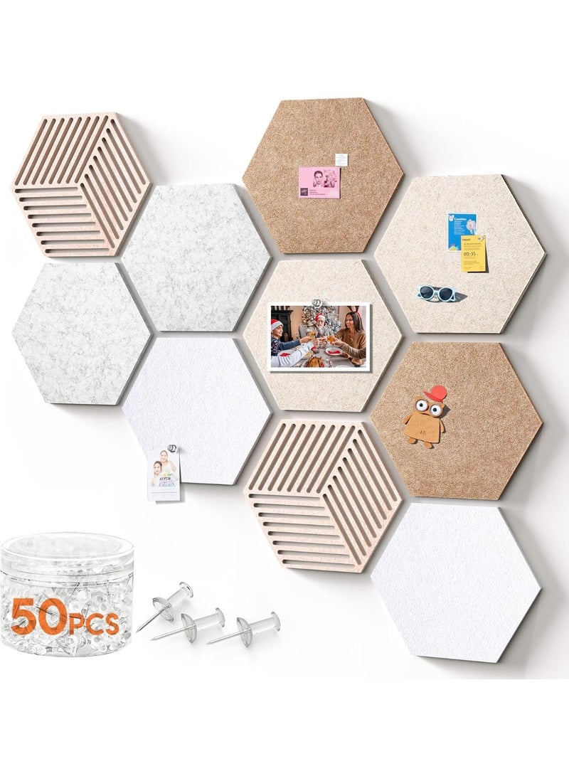 Hexagon Cork Boards for Walls Decor 10 Pack Cork Bulletin Board Tiles with 50 Pins,Pin Board for Office & Home for Notes Photos and DIY Classroom Decor (Minimalist Style) - Image 1