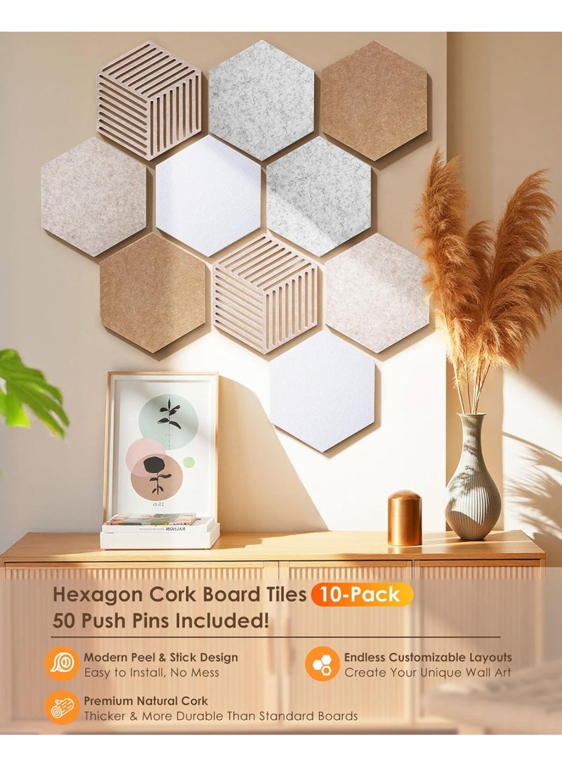 Hexagon Cork Boards for Walls Decor 10 Pack Cork Bulletin Board Tiles with 50 Pins,Pin Board for Office & Home for Notes Photos and DIY Classroom Decor (Minimalist Style) - Image 2
