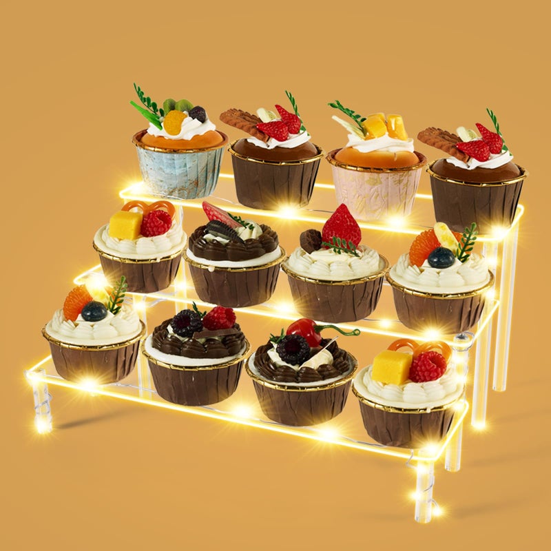 MJDYTYT Cupcake Stand,3-Tier Clear Acrylic Display Risers with LED Light, Perfume Stand, Room Decor, Acrylic Shelves for Organize Decoration Jewelry, Makeup, Figure, Dessert (Gold Light) - Image 1