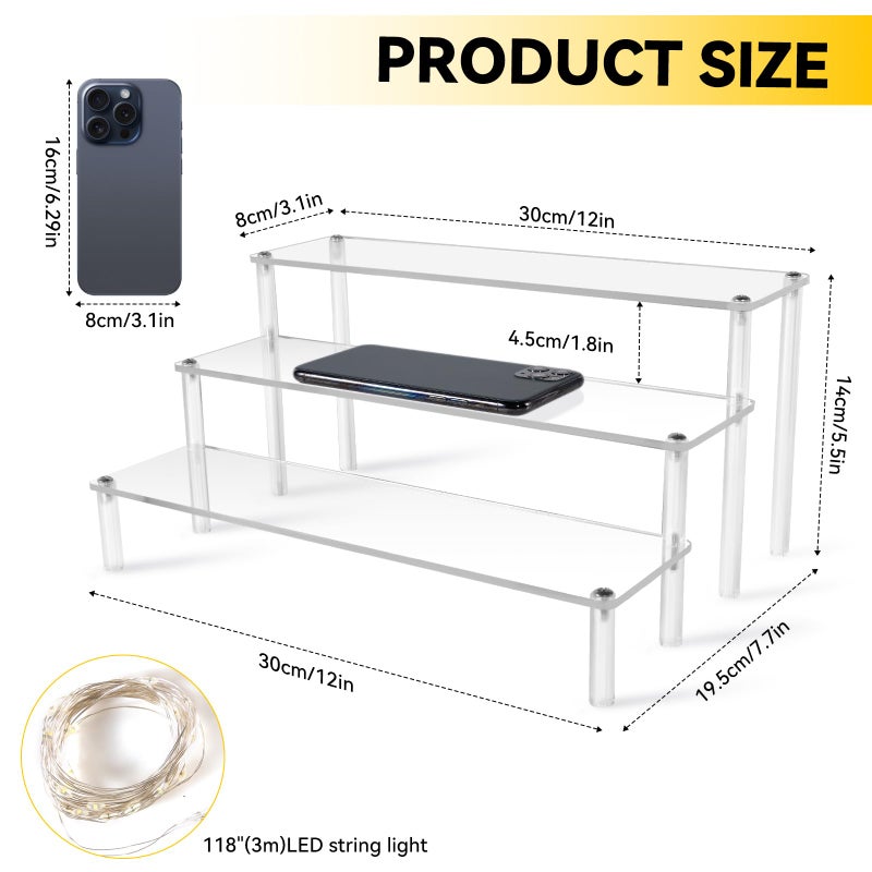 MJDYTYT Cupcake Stand,3-Tier Clear Acrylic Display Risers with LED Light, Perfume Stand, Room Decor, Acrylic Shelves for Organize Decoration Jewelry, Makeup, Figure, Dessert (Gold Light) - Image 3