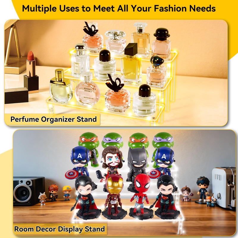 MJDYTYT Cupcake Stand,3-Tier Clear Acrylic Display Risers with LED Light, Perfume Stand, Room Decor, Acrylic Shelves for Organize Decoration Jewelry, Makeup, Figure, Dessert (Gold Light) - Image 2