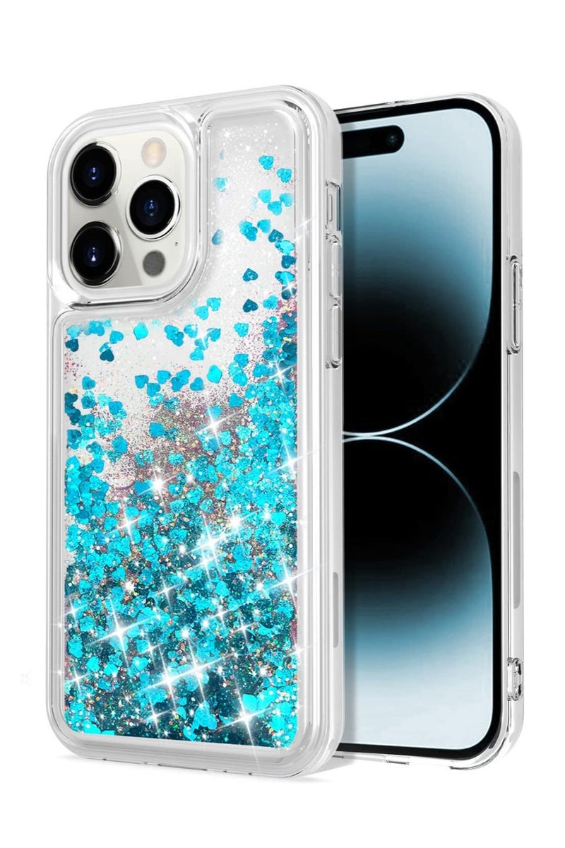 كايس كلوب جراب iPhone 14 Pro Max لامع - غطاء رفيع لامع على شكل قلب أزرق عائم سائل مع مصد TPU شفاف مقاوم للصدمات - جراب أنيق للنساء والفتيات** - Image 1