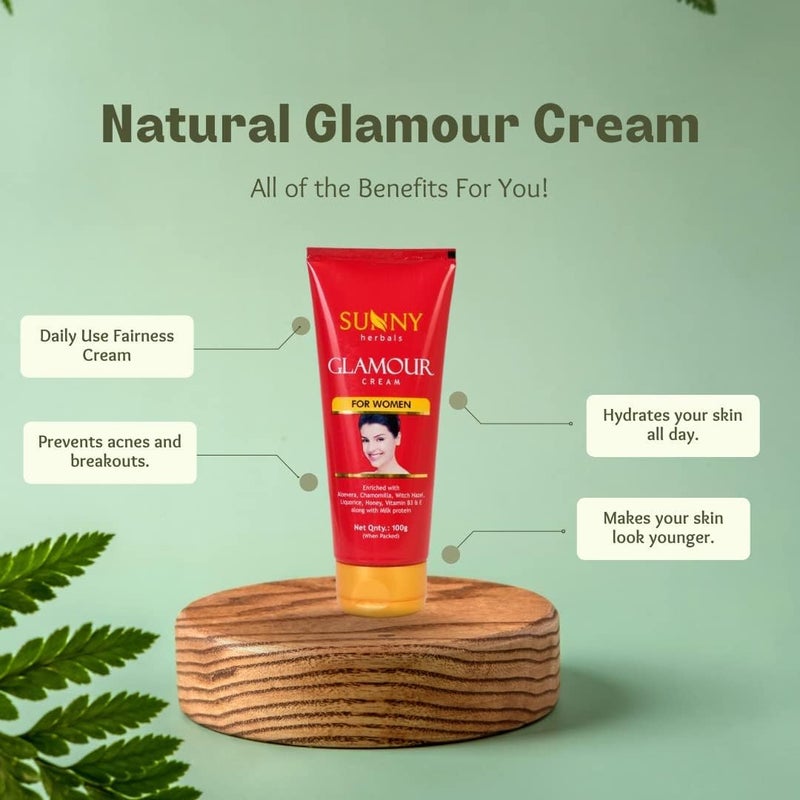 Sunny Herbals Glamour Cream To Moisturize  Lightens Skin Tone  Protects From Darkening Effect of Sun  Restores Damaged Skin Cells  Enriched With Aloe Vera Chamomilla Vitamin B3  E  For Women 100 gm - Image 2