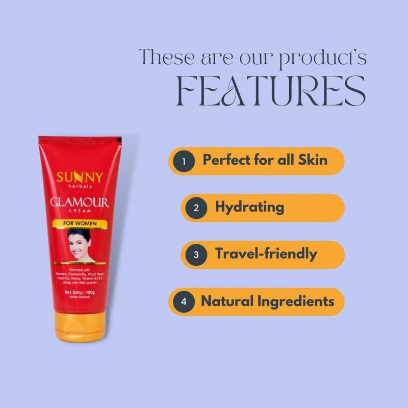 Sunny Herbals Glamour Cream To Moisturize  Lightens Skin Tone  Protects From Darkening Effect of Sun  Restores Damaged Skin Cells  Enriched With Aloe Vera Chamomilla Vitamin B3  E  For Women 100 gm - Image 3