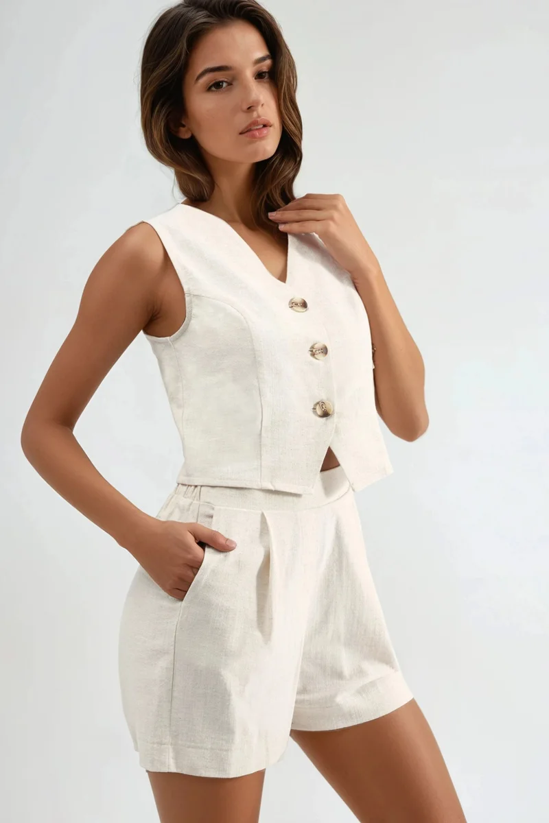 Hiccup Ivory Natural Linen Blend Vest & Shorts Two-Piece Set for Women | Best Price UAE