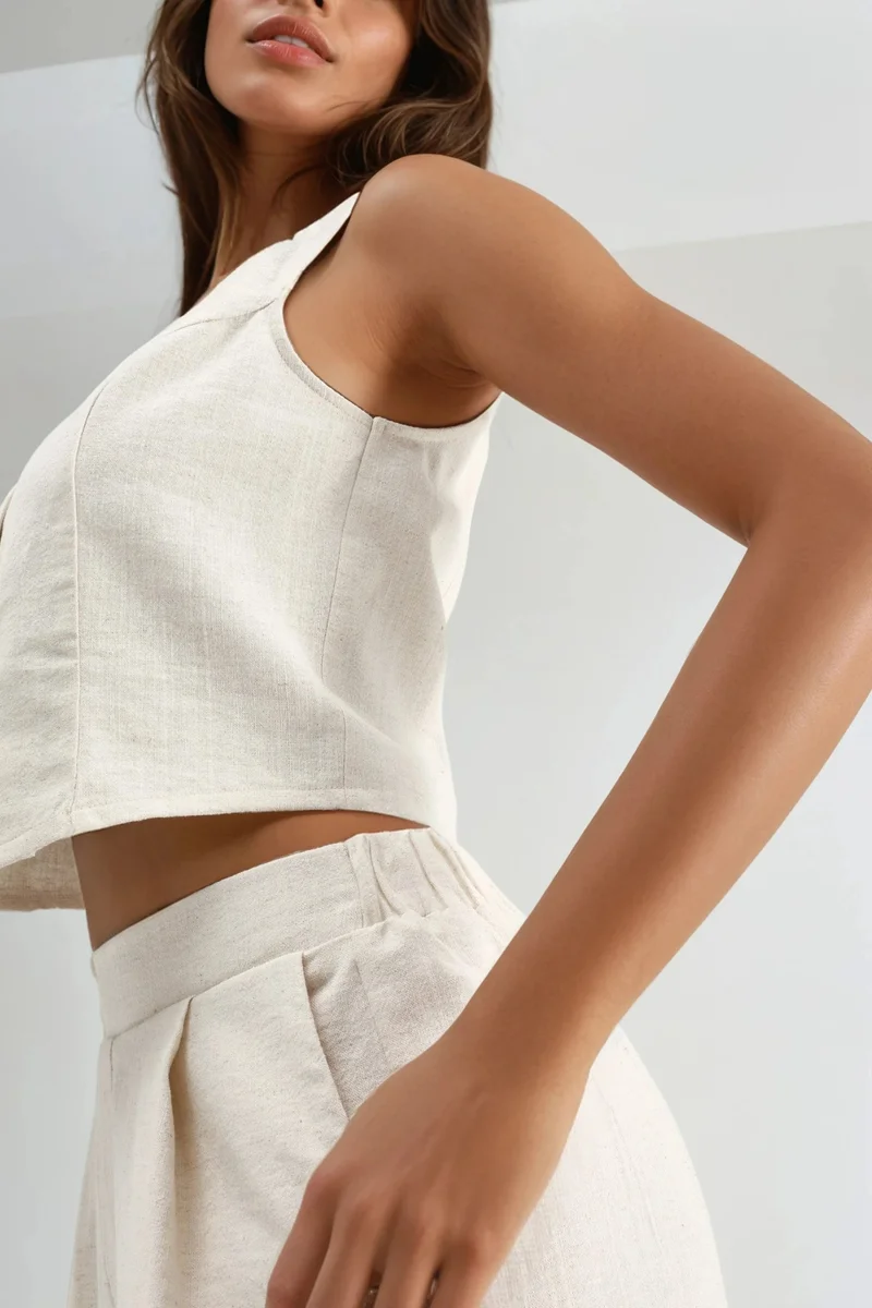 Hiccup Ivory Natural Linen Blend Vest & Shorts Two-Piece Set for Women | Best Price UAE