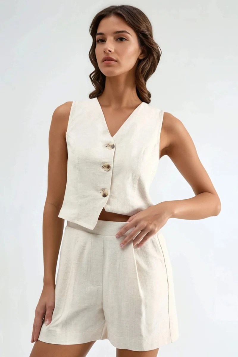 Hiccup Ivory Natural Linen Blend Vest & Shorts Two-Piece Set for Women | Best Price UAE