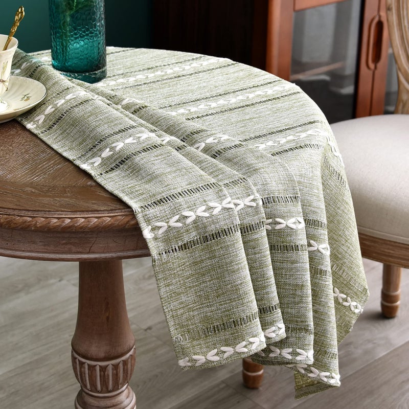 NEWISHER Rustic Farmhouse Embroidered Small Square Tablecloth Jacquard Striped Table Cloth Linen Texture Washable Side Table Cover Kitchen Dining Home Decoration Green 36x36 inch - Image 3