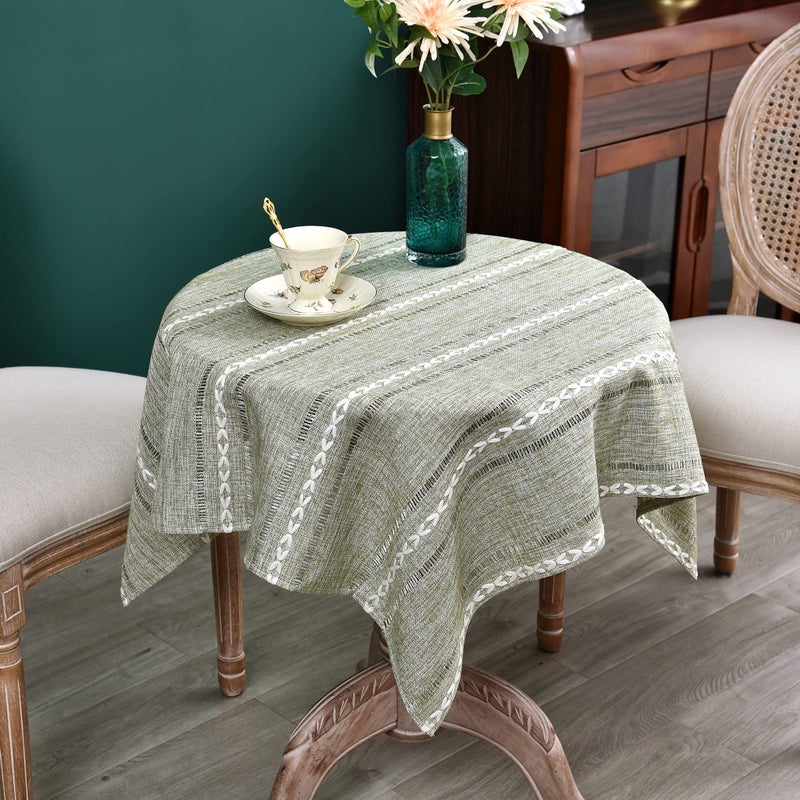 NEWISHER Rustic Farmhouse Embroidered Small Square Tablecloth Jacquard Striped Table Cloth Linen Texture Washable Side Table Cover Kitchen Dining Home Decoration Green 36x36 inch - Image 1