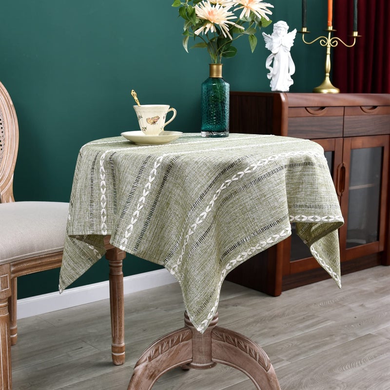 NEWISHER Rustic Farmhouse Embroidered Small Square Tablecloth Jacquard Striped Table Cloth Linen Texture Washable Side Table Cover Kitchen Dining Home Decoration Green 36x36 inch - Image 2