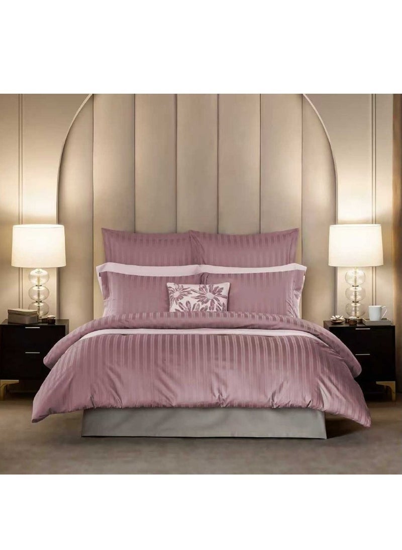 طقم غطاء لحاف قطني فاخر من إم إس مارت، مقاس كينج (6 قطع) - تصميم مخطط مزدوج باللونين الموف والوردي - Image 2