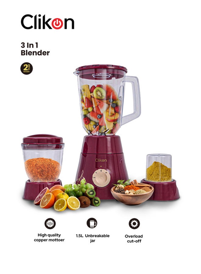 Clikon 3-In-1 Juicer Blender Chopper Set With Unbreakable Jar 1.5 L 600 W CK2680 Cherry Red - Image 1