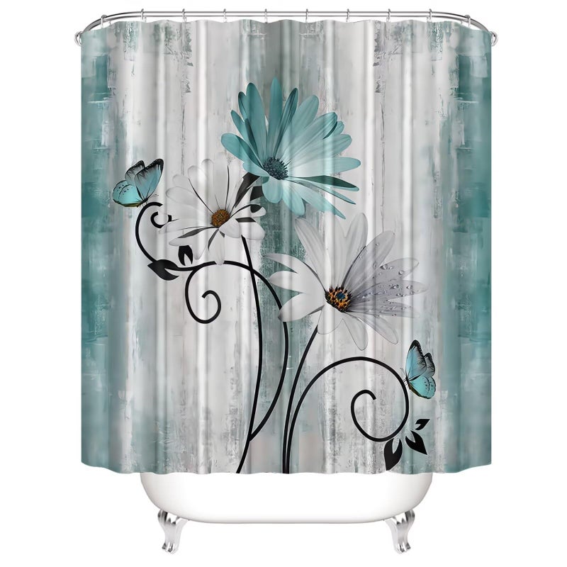 AZHM Rustic Farmhouse Shower Curtain Set 4pcs Farm Teal Daisy Floral Bathroom Decor Set with Shower Curtain and Rugs and Accessories - Image 2