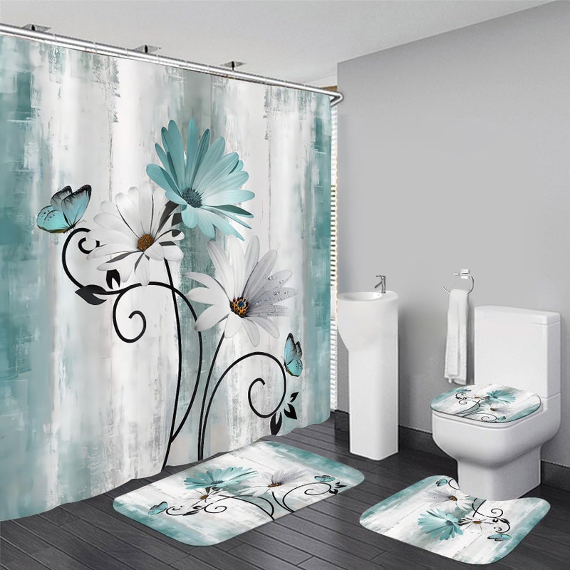 AZHM Rustic Farmhouse Shower Curtain Set 4pcs Farm Teal Daisy Floral Bathroom Decor Set with Shower Curtain and Rugs and Accessories - Image 1