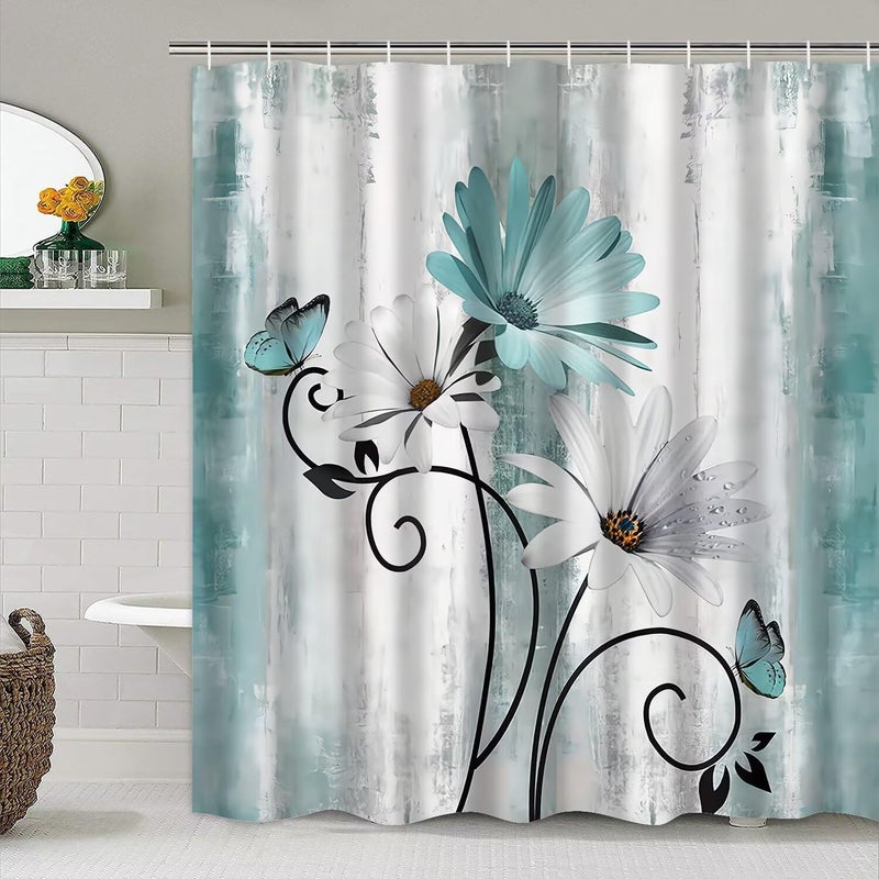 AZHM Rustic Farmhouse Shower Curtain Set 4pcs Farm Teal Daisy Floral Bathroom Decor Set with Shower Curtain and Rugs and Accessories - Image 5