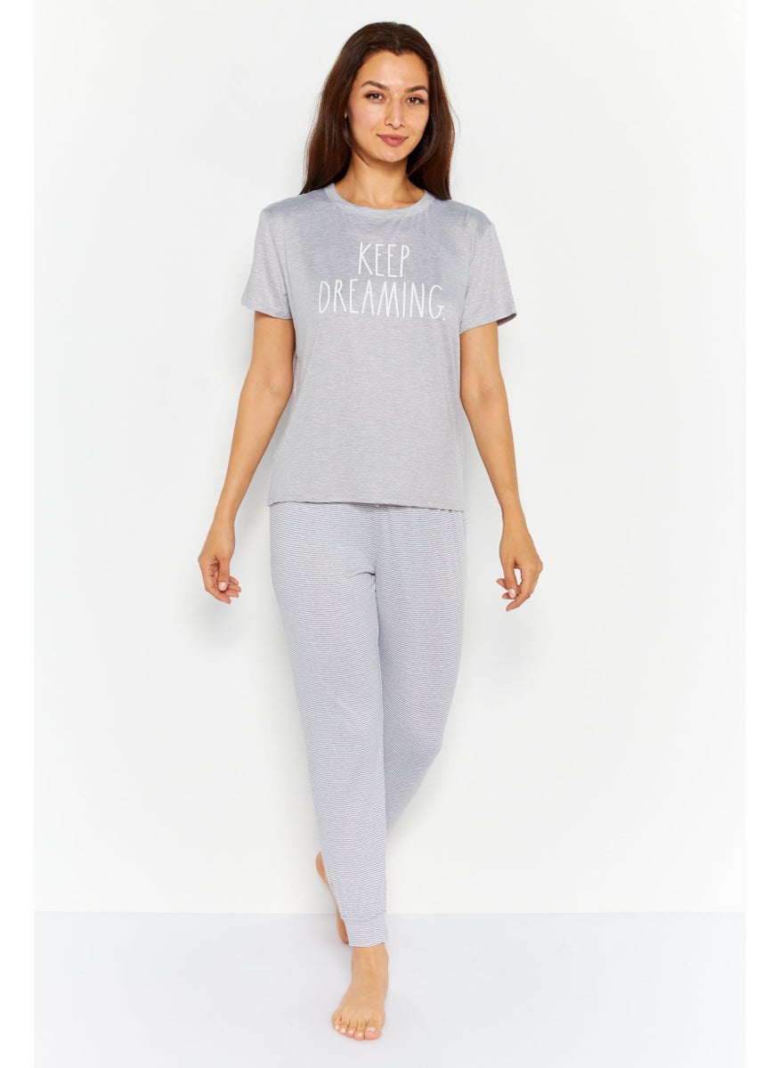 Rae Dunn - Women 2 Pieces Graphic Pyjama Set, Heather Grey - Image 1
