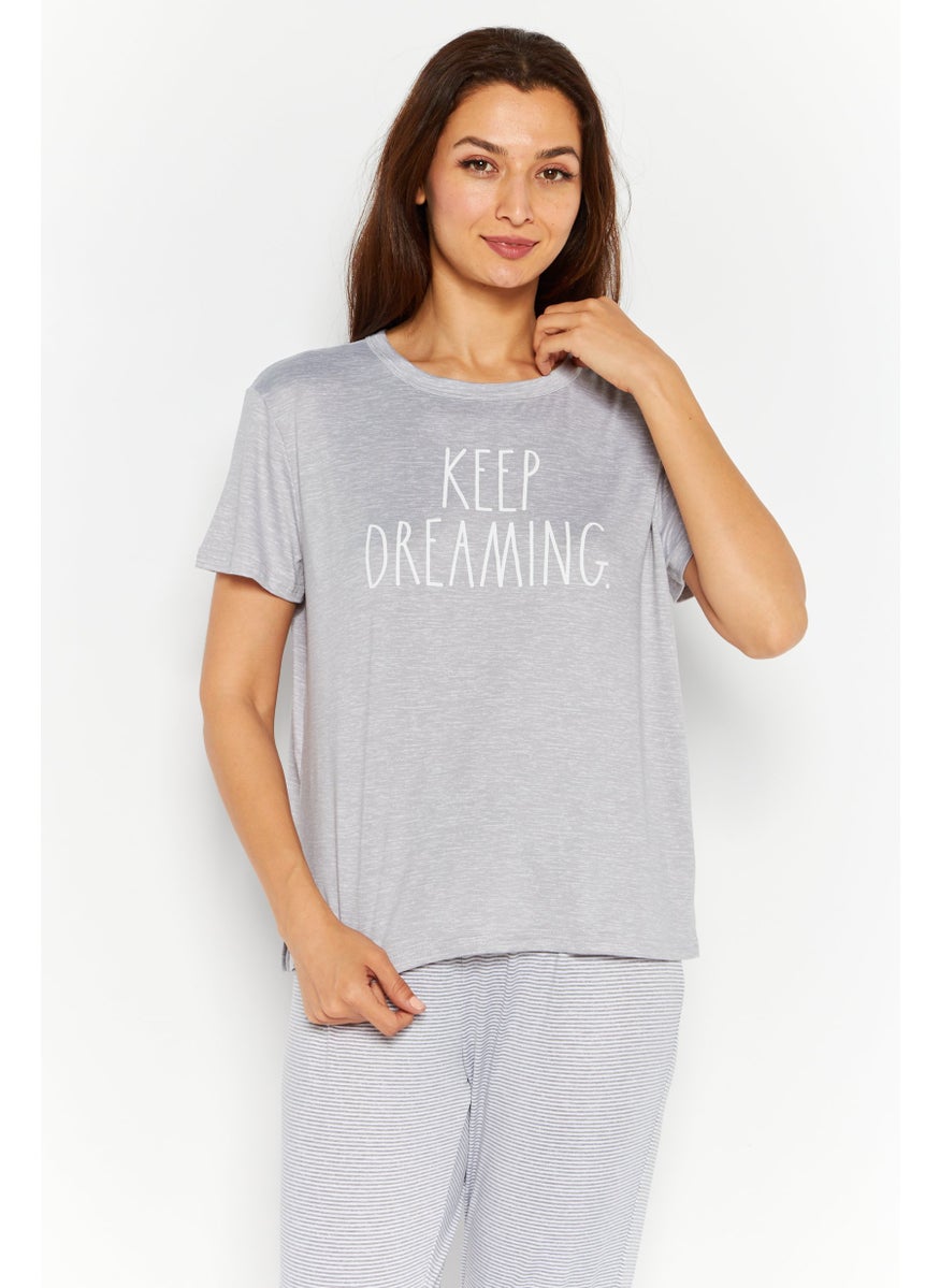 Rae Dunn - Women 2 Pieces Graphic Pyjama Set, Heather Grey - Image 1