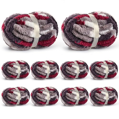 Waikxin 10 Pack Jumbo Chunky Yarn for Hand Knitting, Fluffy Chunky Chenille Yarn for Crocheting, Variegated Chunky Knit Baby Blanket Yarn, 240 yds /70.5 oz Super Bulky Yarn（White-Grey-Wine Red ） - Image 1