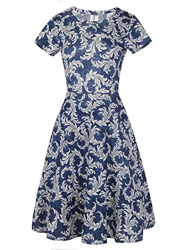HELYO Ladies Floral Print Dress Pockets Casual for Women Business Office Work Knee Length A-Line Cocktail Party Dress 162 (Blue-White, L) - Image 3
