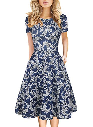 HELYO Ladies Floral Print Dress Pockets Casual for Women Business Office Work Knee Length A-Line Cocktail Party Dress 162 (Blue-White, L) - Image 1