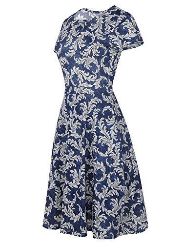 HELYO Ladies Floral Print Dress Pockets Casual for Women Business Office Work Knee Length A-Line Cocktail Party Dress 162 (Blue-White, L) - Image 5