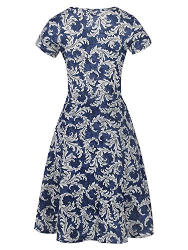 HELYO Ladies Floral Print Dress Pockets Casual for Women Business Office Work Knee Length A-Line Cocktail Party Dress 162 (Blue-White, L) - Image 4